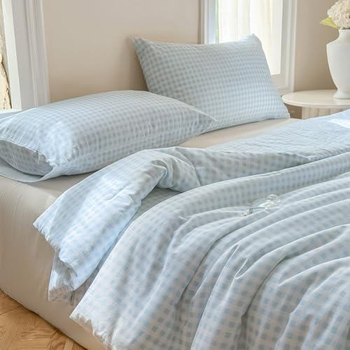 NSNLGSGC 100% Cotton Light Blue Gingham Plaid Comforter Set, King - 100% Washed Cotton, Light Blue Gingham Plaid Checked, 3 Pieces, Vintage Farmhouse Grid Bedding