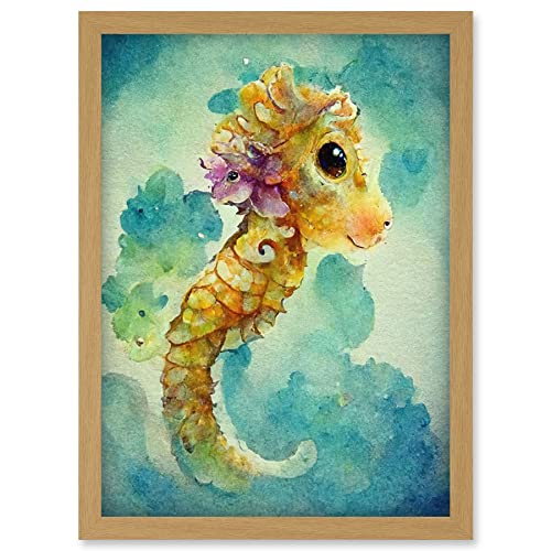 Doppelganger33 LTD Cute Baby Seahorse Kids Bedroom Watercolour Illustration Artwork Framed Wall Art Print A4