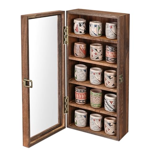 Ikee Design Wall Mounted Wooden Collectible Display Case 5 Shelf Display Storage Accessories Display with Tempered Glass Door, Sunglass Display Cabinet, Wall Shadow Box, Brown Color