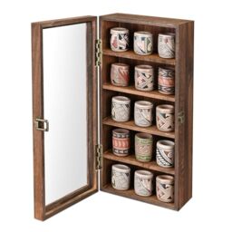 Ikee Design Wall Mounted Wooden Collectible Display Case 5 Shelf Display Storage Accessories Display with Tempered Glass Door, Sunglass Display Cabinet, Wall Shadow Box, Brown Color