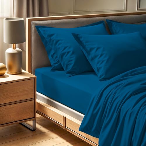 Premium Ranforce Double Fitted Sheet (140 x 190 + 30 cm) - 100% Cotton, 145 Thread Count, Petrol Blue - Machine Washable at 30°C, Soft & Durable