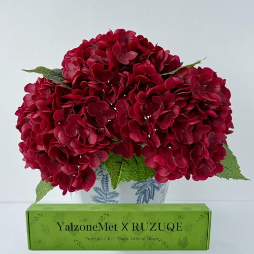 YalzoneMet Burgundy Artificial Hydrangea Flower 3Pcs 21'' Lifelike Real Touch Latex Hydrangea Red Flower for Fall Halloween Home Party Valentine Christmas Decor Outdoor Wedding Table Centerpiece