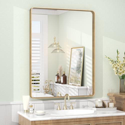 VANLIO 24x32 Inch Gold Framed Bathroom Mirror for Wall - Brushed Gold Metal Frame, Rounded Rectangle Vanity Mirror, Anti-Rust, Shatterproof, Hangs Horizontally or Vertically