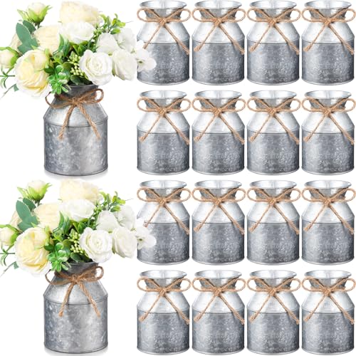 Domensi 16 Pcs 5.12 Inch Farmhouse Metal Flower Vase Decor Bulk Rustic Galvanized Milk Can Jug Vase with Bow Flower Bucket for Table Centerpiece Christmas Valentine Wedding Home Dinging (Iron Color)