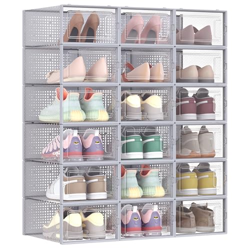 SONGMICS Shoe Boxes, Pack of 18 Stackable Shoe Storage Organisers - Foldable and Versatile for Sneakers, Fit up to UK Size 8, Dove Grey, Dennys Collection LSP006G18