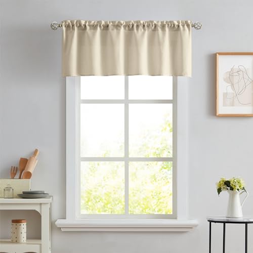 Melodieux Tan Semi Sheer Curtain Valance for Kitchen Cafe Small Windows Linen Rustic Rod Pocket Valance, 52 by 18 Inch, 1 Panel