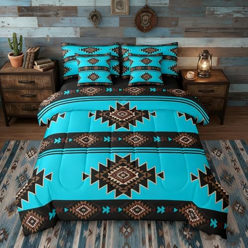 Full Western Aztec Bedding Set 7 Piece, Native American Navajo Sheet Sets for Boys Adult Teens, Southwestern Geometric Comforter Set Ethnic American Native Bed in A Bag Rustic Farmhouse Decor, Blue