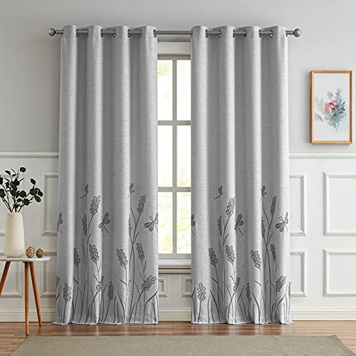 Melodieux Wheat Embroidery Linen Textured Curtain for Living Room Bedroom, Farmhouse Style Rustic Flax Drape Grommet, Gray Wheat/Grayish White, 52 by 96 Inch (1 Panel)