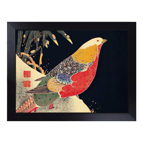 Lap Tray with Bean Bag Cushion, Golden Pheasant In The Snow By Ito Jakuchu - Handmade in the UK, Raised Wooden Edge, Padded Cushion, Heat-Resistant Wipe-Clean Surface, for Meals, Laptops and Crafts