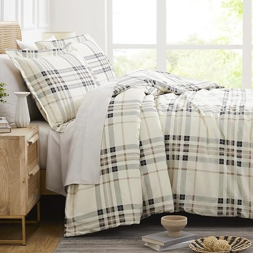 Southshore Fine Living, Inc. Vilano Plaid Collection Oversized King Duvet Cover Set, Printed Duvet Cover 3-Piece, Two Matching Shams (108 in Wide x 98 in Long), Tofu, King/California King