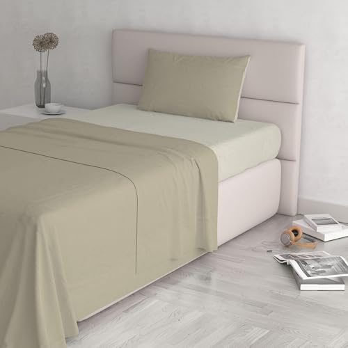Italian Bed Linen Natural Color Bed Set (Flat 150x300, Fitted Sheet 90x200cm+Pillowcase 52x82cm), Petrol Bottle Green, 100% Cotton, Dove Gray/Cream, SINGLE