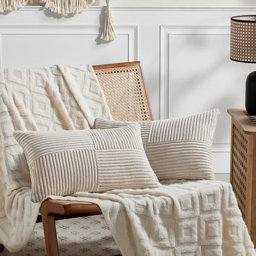 Fancy Homi 2 Packs Neutral Taupe Long Lumbar Decorative Throw Pillow Covers 16x24 Inch for Couch Bed, Rustic Farmhouse Boho Home Decor, Soft Striped Corduroy Rectangle Accent Cushion Case 40x60 cm