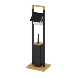 Relaxdays Bamboo Toilet Set with Freestanding Roll Holder and Brush, 76.5x28x18 cm, Black