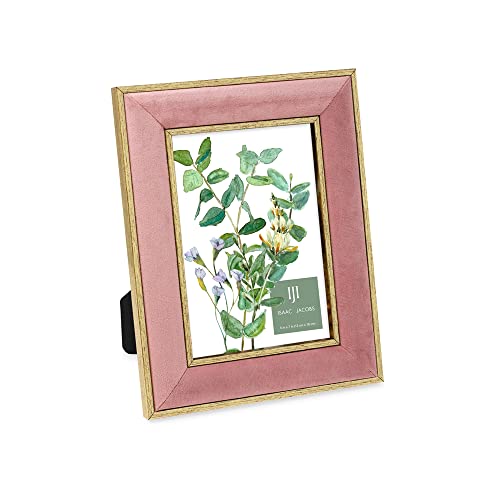 Isaac Jacobs 5x7 Pink Velvet Picture Frame with Metallic Gold Double Border, Photo Frame, Horizontal & Vertical, Made for Tabletop & Wall Display, for Home and Office (5x7, Pink with Gold)