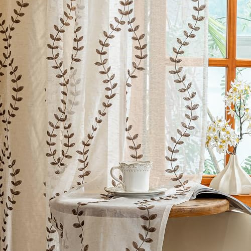 AmHoo 2 Panels Linen Leaf String Floral Embroidered Semi Sheer Curtain Farmhouse Voile Curtains for Living Room Bedroom Window Treatment Brown 52 x 63 Inch