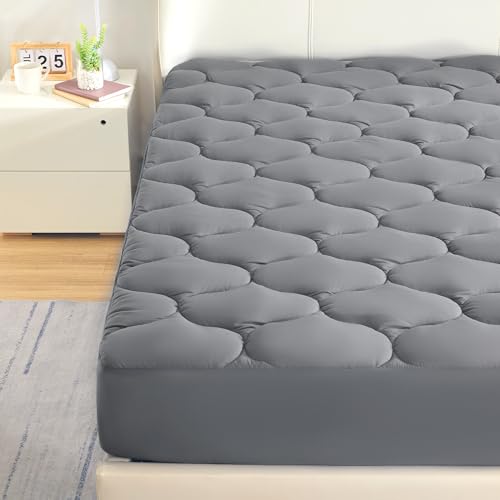 SLEEP ZONE King Mattress Pad, Cooling Breathable Fluffy Soft Mattress Protector, Stretches up to 21 Inch Deep, Durable & Machine Wash (Grey, King)