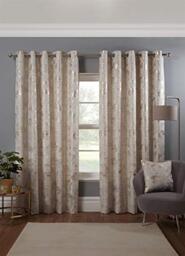 Osaka Japanese Eyelet Curtains 90 x 72 Natural Lined Metallic Velvet Trees