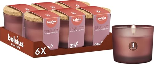 Bolsius - True Joy - Scented Candle with Cork Lid - Burgundy - Floral Blessings - Burn time: 21 Hours - with Natural Extracts - with Natural Vegetable Wax