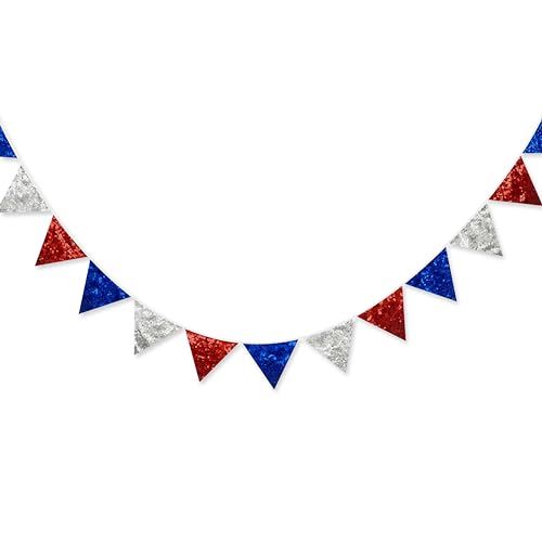 pinkblume Red Blue Silver Decorations Double Sided Sequin Fabric Triangle Pennant Banner Flag Bunting Garland for Nursery Classroom Home Bedroom Wall 4th of July American Veterans USA Holiday Decor