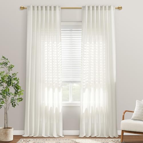 PANELSBURG Modern Farmhouse Cream Colored Semi Sheer Curtains 84 Inches Long,Living Room Bedroom Back Tab Linen Pleated Window Curtains 84 Inch Length 2 Panel Sets