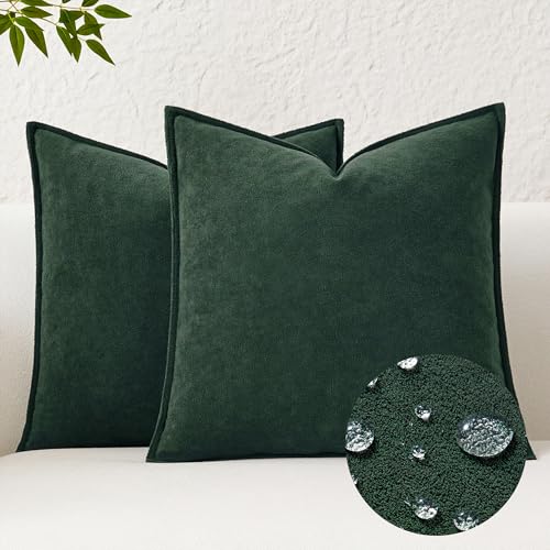 Kevin Textile Waterproof Decorative Pillow Covers Dark Green 16x16 Inch Pack of 2 Soft Boucle Textured Throw Pillowcases Elegant Accent Pillows for Couch Sofa Chair Bed Home Decor Indoor Outdoor