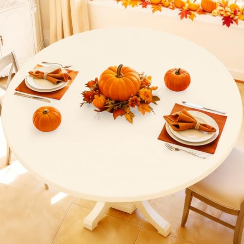 "Moosfor Spandex Round Tablecloth, Fitted Table Cloth for 25""-30"" Tables - Elastic Outdoor Picnic Table Cover, Circle Stretch Waterproof Table cloths for Patio, Dining, Kitchen, Beige"
