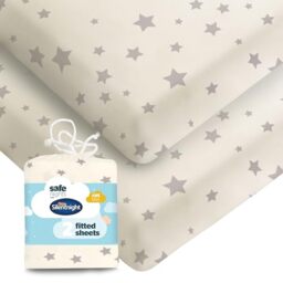 Silentnight Safe Nights Fitted Sheet - Cot Bed Mattress - Breathable 100% Cotton Jersey - Super Soft Kind to Baby Skin - 140x70cm - Secure Fit with Elasticated Corners - 2 Pack, Grey Stars