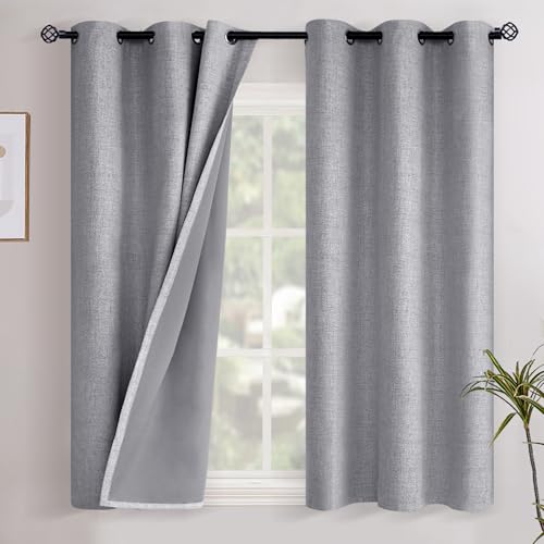 YoungsTex Grey Linen Blackout Curtains 48 Inch Length for Bedroom, Short Window Drapes Full Room Darkening with Grommet Thermal Insulated for Kitchen Bathroom, 2 Panels, 42 X 48 Inch