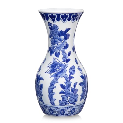 "Blue and White Ceramic Vase 11"" Chinoiserie Flower Vase Home Decor - Hand-Painted Floral Motif, Triple-Fired Glazed Ceramic, Retro Chinoiserie Decor for Living Room Bookshelf Side Table"