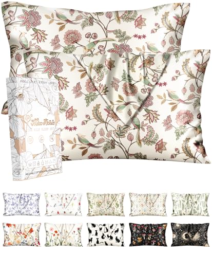 Miss Adola 2 Pack Silk Pillowcases - 20x26 Inch Standard Size Silk Pillow Cases with Hidden Zipper for Women Lady Smooth Soft Breathable Cooling Design Pillowcases for Hair and Skin, Flower Bird