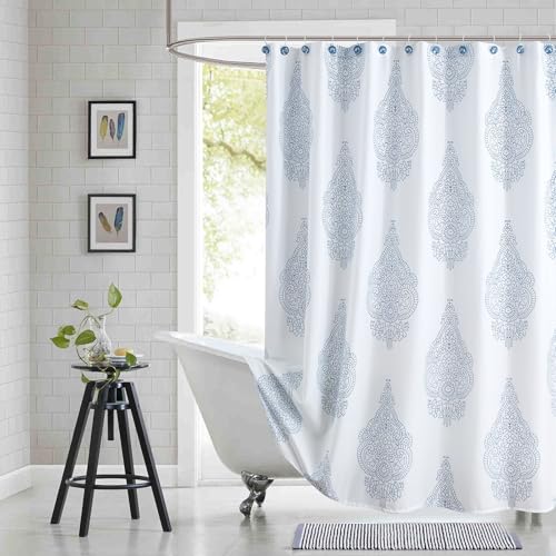 "BESTRIPES Fabric Shower Curtain 78 Inches Long, White and Blue Paisley Damask Medallion Print Shower Curtains for Bathroom, 72"" W x 78"" H"