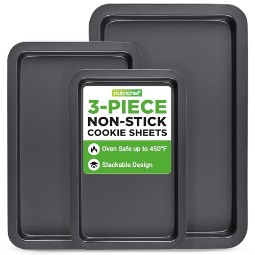 NutriChef Oven Tray Set Non Stick ??? 3 Piece Baking Tray Set for Oven, Heavy Duty Carbon Steel, Stackable Cookie Sheets - Small Medium Large Trays for Cooking & Baking