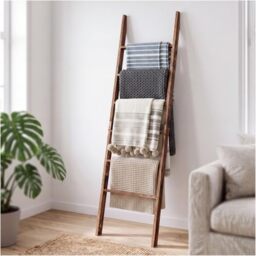 6-Tier Blanket Ladder Wooden, 5.7FT(66.5'') Blanket Quilt Towel Holder Rack Decorative Ladder, Easy Assembly, Rustic Farmhouse Ladder Shelf for The Living Room Bedroom Bathroom Home Decor, Brown
