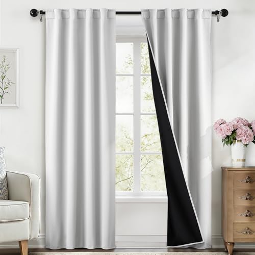 SimpleHome 100% Blackout Curtains for Bedroom,84 Inch Curtains for Living Room Rod Pocket and Back Tab Window Drapes Room Darkening White Curtain with Black Back,40 x 84 Inch,2 Panels
