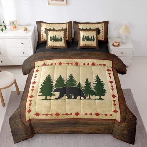 Erosebridal Cabin Bear 7 Piece Comforter Set Queen Bed in A Bag Rustic Bedding Set Bear Wildlife Comforter Botanical Tree Pattern Quilt Country Nature Wild Animals Sheet Set Farmhouse Bedroom Decor