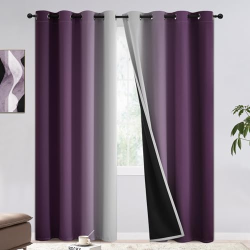 COSVIYA 100% Blackout Curtains & Drapes Ombre Purple Curtain 95 inches Long - Full Room Darkening Grommet Gradient Insulated Thermal Window Curtains for Bedroom/Living Room,52Wx95L inches???2 Panels