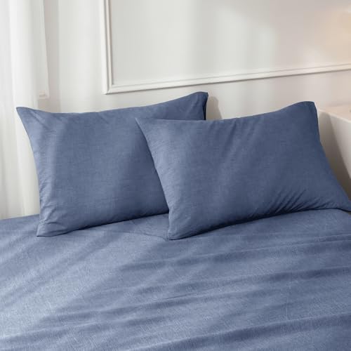 JIYUAN 100% Washed Cotton Pillowcases Set Envelope Closure Pack of 2, Linen Like Comfy and Breathable Textured Durable Bedding for All Seasons, Queen Size,Heathered Blue