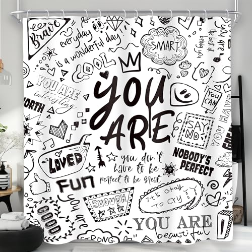 AMBZEK Kids Positive Quotes Shower Curtain 72Wx72L Inch Black White Abstrat Graffiti Teens Inspirational You are Artwork Cloth Fabric Waterproof Polyester Bathroom Decor Set with 12 Pack Hook