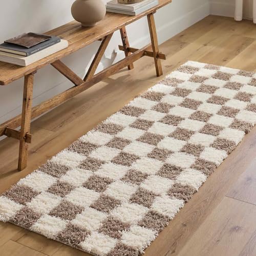 Livabliss Willa Mabini Shaggy Runner 80x220 cm – Plush Thick Pile for Hallway, Living Room & Bedroom, Neutral Boho Design, Easy Care, Cream & Dark Brown