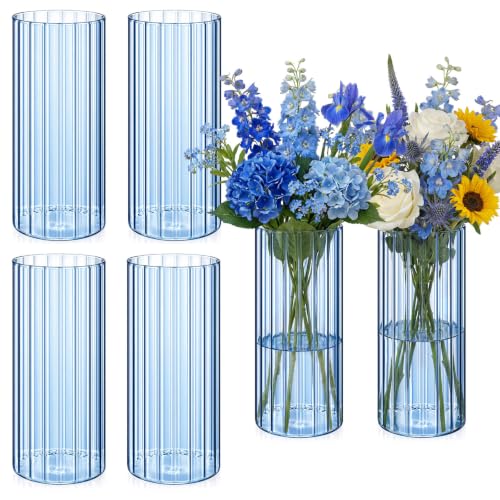 Ninehaoou 6 Pcs 8 Inch Tall Glass Ribbed Cylinder Vases Clear Floating Candle Flower Vase in Bulk, Hurricane Candle Holder for Wedding Housewarming Gift Table Centerpieces(Blue)