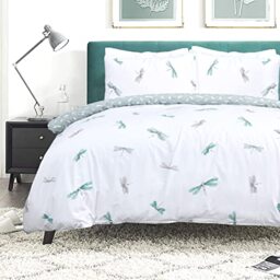 Sleepdown Dragonfly White Green Reversible Duvet Cover Quilt Pipe Edge Pillow Cases Bedding Set Soft Easy Care - Super King (220cm x 260cm)