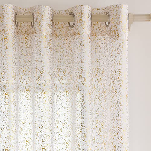 TERLYTEX Gold White Sheer Curtains, 95 Inch Long Metallic Gold Foil Spots Printed Sheer Shimmer Curtains for Living Room, Privacy Grommet Sparkle Curtains 2 Panels Set, 52 x 95 Inch