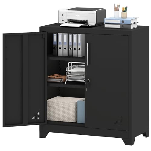 YITAHOME Office Storage Cabinet, Metal Office Storage Cupboard with 2 Adjustable Shelves, 80 x 40 x 90cm, Lockable Filing Cabinets with Ventilation Holes for Home Office Garage Gym School, Black
