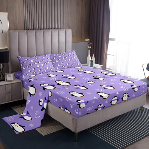 Penguin Bed Sheets Twin Size Kawaii Penguin Sheet Set Antarctic Animal Fitted Sheet for Kids Boys Girls Teens Cartoon Cute Winter Theme Bedding Set Snowflake Pattern Flat Sheet Room Decor, Purple