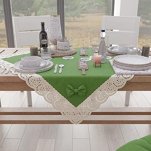 PETTI Artigiani Italiani - Square table topper, cotton with Sangallo lace trim and bows, 95 x 95 cm, Green