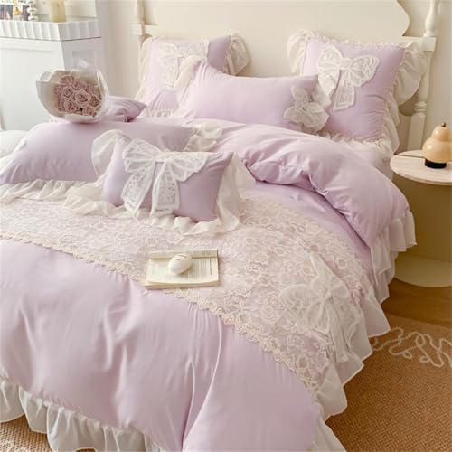 Lovely Bow Chic Duvet Cover Set- Ruffle Lace Polyester Comforter Cover -Girl French Princess Style Bedding-2 Piece Twin Duvet Cover with Zipper Closure -Ultra Soft and Light Weight-Purple,Twin Size