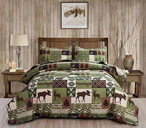 Ycosy Rustic Lodge Quilt Set Moose Elk Bedspread King Size Forest Bear Deer Quilt Matcha Green Reversible Festive Cabin Coverlets Farmhouse Decor Bed Cover Sets with 2 Pillow Shams