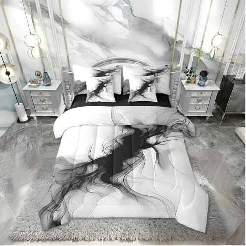 Erosebridal Black and White 7 Piece Comforter Set Full Abstract Bedroom Decor for Men Teens Modern Ombre Grey Marble Bedding Set Elegant Ink Texture Neutral Sheet Set Marbling Minimalist Art Quilt