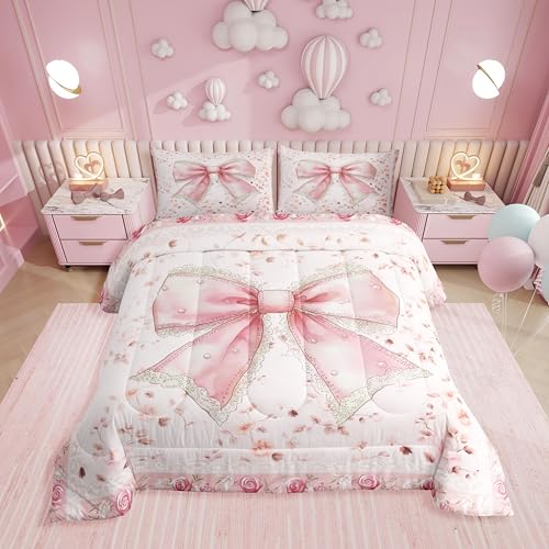 Erosebridal Princess Pink Bow Full Bedding Set for Girls Teen Kids,Cute Pink Floral Comforter Set Bedroom Decor,Kawaii Bows Quilt Set Dreamy Bow Knot Bedding Comforter Sets,2 Pillowcases