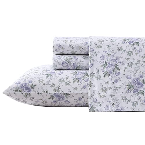 Laura Ashley Home King Sheet Set, Soft Sateen Cotton Bedding Set - Sleek, Smooth, & Breathable,Lilian Purple